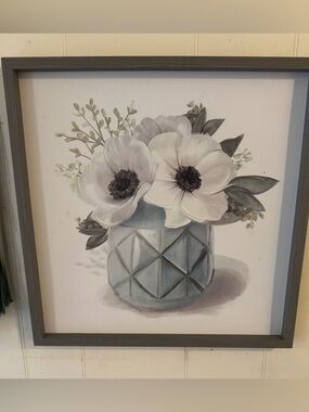 White Flowers in Turquoise Vase, Botanical Framed Painting by House Fenway